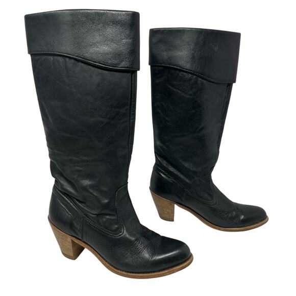 VTG Dexter Leather Heeled Boots Women 7.5 Midcalf Fold Over Boho Western 80s USA - Picture 1 of 8